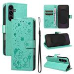 For Samsung Galaxy S25 FE 5G Cat and Bee Embossed Flip Leather Phone Case(Green)