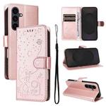 For Samsung Galaxy S25 FE 5G Cat and Bee Embossed Flip Leather Phone Case(Rose Gold)