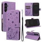 For Samsung Galaxy S25 FE 5G Cat and Bee Embossed Flip Leather Phone Case(Purple)
