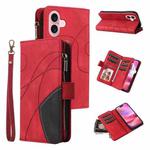 For iPhone 16 Dual-color 9 Card Slots Zipper Wallet Leather Phone Case(Red)