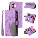 For iPhone 16 Dual-color 9 Card Slots Zipper Wallet Leather Phone Case(Purple)