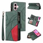 For iPhone 16 Dual-color 9 Card Slots Zipper Wallet Leather Phone Case(Green)