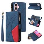 For iPhone 16 Dual-color 9 Card Slots Zipper Wallet Leather Phone Case(Blue)