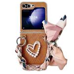 For Samsung Galaxy Z Flip6 Diamond Square 3D Heart Pattern Full Coverage Phone Case with Scarf / Bracelet(Brown)