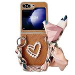 For Samsung Galaxy Z Flip5 Diamond Square 3D Heart Pattern Full Coverage Phone Case with Scarf / Bracelet(Brown)