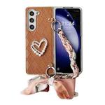 For Samsung Galaxy Z Fold5 Diamond Square 3D Heart Pattern Full Coverage Phone Case with Scarf / Bracelet(Brown)