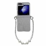 For Samsung Galaxy Z Flip5 5G Glitter Powder PC Side Buckle Full Coverage Shockproof Phone Case with Pearl Bracelet(Silver)