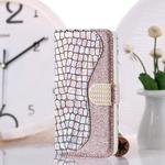 For iPhone 12 / 12 Pro Laser Glitter Powder Matching Crocodile Texture Horizontal Flip Leather Case with Card Slots & Holder & Wallet(Silver)