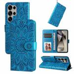 For Samsung Galaxy S25 Ultra 5G Embossed Sunflower Leather Phone Case(Blue)