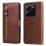 For Redmi Note 14 4G 163.25mm Global Fashion Calf Texture Zipper Leather Phone Case(Brown)