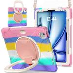 For iPad Air 13 2024 Silicone Hybrid PC Tablet Case with Holder & Shoulder Strap(Colorful Pink)