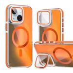 For iPhone 15 MagSafe Gradient Color Lens Film Phone Case with Lens Fold Holder(Orange)