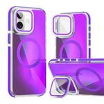 For iPhone 16 Plus MagSafe Gradient Color Lens Film Phone Case with Lens Fold Holder(Purple)