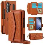 For Samsung Galaxy Z Fold5 Splicing Rhombic Texture Card Holder Phone Case with Lanyard, Not Included Pen(Brown)