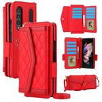 For Samsung Galaxy Z Fold4 Splicing Rhombic Texture Card Holder Phone Case with Lanyard, Not Included Pen(Red)