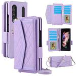 For Samsung Galaxy Z Fold4 Splicing Rhombic Texture Card Holder Phone Case with Lanyard, Not Included Pen(Purple)