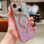 For iPhone 15 Loves Leaves Gradient Glitter Carbon Fiber Magsafe TPU Phone Case(Pink)