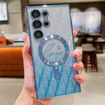For Samsung Galaxy S25 Ultra 5G Dual-Love Leaves Gradient Glitter MagSafe TPU Phone Case(Blue)