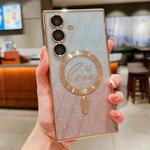 For Samsung Galaxy S25+ 5G Dual-Love Leaves Gradient Glitter MagSafe TPU Phone Case(Gold)