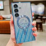 For Samsung Galaxy S25+ 5G Dual-Love Leaves Gradient Glitter MagSafe TPU Phone Case(Blue)