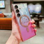 For Samsung Galaxy S25 5G Dual-Love Feather Gradient Glitter MagSafe TPU Phone Case(Pink)