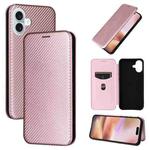 For iPhone 16 Plus Carbon Fiber Texture Flip Leather Phone Case(Pink)