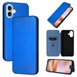 For iPhone 16 Carbon Fiber Texture Flip Leather Phone Case(Blue)