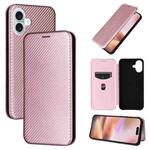 For iPhone 16 Carbon Fiber Texture Flip Leather Phone Case(Pink)