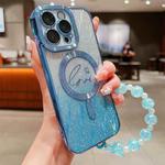 For iPhone 15 Pro Dual-Love Leaves Gradient Glitter Bracelets Magsafe TPU Phone Case(Blue)