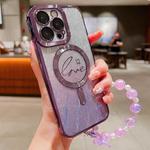 For iPhone 15 Pro Dual-Love Leaves Gradient Glitter Bracelets Magsafe TPU Phone Case(Purple)