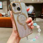 For iPhone 15 Dual-Love Leaves Gradient Glitter Bracelets Magsafe TPU Phone Case(Gold)