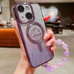 For iPhone 15 Dual-Love Leaves Gradient Glitter Bracelets Magsafe TPU Phone Case(Purple)