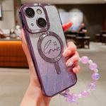 For iPhone 14 Plus Dual-Love Leaves Gradient Glitter Bracelets Magsafe TPU Phone Case(Purple)