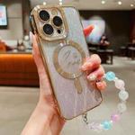 For iPhone 14 Pro Max Dual-Love Leaves Gradient Glitter Bracelets Magsafe TPU Phone Case(Gold)