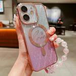 For iPhone 11 Dual-Love Leaves Gradient Glitter Bracelets Magsafe TPU Phone Case(Pink)