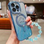 For iPhone 16 Pro Dual-Love Leaves Gradient Glitter Bracelets Magsafe TPU Phone Case(Blue)