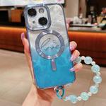 For iPhone 15 Dual-Love Feather  Gradient Glitter Bracelets Magsafe TPU Phone Case(Blue)