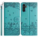 For Samsung Galaxy S24 FE 5G Cat Embossing Pattern Leather Phone Case with Lanyard(Blue)