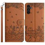 For Samsung Galaxy S24 FE 5G Cat Embossing Pattern Leather Phone Case with Lanyard(Brown)