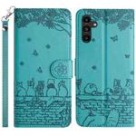 For Samsung Galaxy S25 5G Cat Embossing Pattern Leather Phone Case with Lanyard(Blue)
