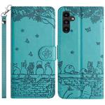 For Samsung Galaxy S25+ 5G Cat Embossing Pattern Leather Phone Case with Lanyard(Blue)