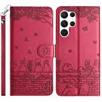 For Samsung Galaxy S25 Ultra 5G Cat Embossing Pattern Leather Phone Case with Lanyard(Red)