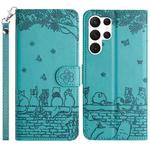 For Samsung Galaxy S25 Ultra 5G Cat Embossing Pattern Leather Phone Case with Lanyard(Blue)