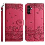 For Samsung Galaxy S25 FE 5G Cat Embossing Pattern Leather Phone Case with Lanyard(Red)