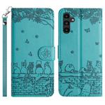 For Samsung Galaxy S25 FE 5G Cat Embossing Pattern Leather Phone Case with Lanyard(Blue)