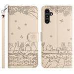 For Samsung Galaxy S25 FE 5G Cat Embossing Pattern Leather Phone Case with Lanyard(Beige)