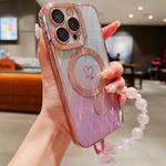 For iPhone 15 Pro Max Loves Leaves Gradient Glitter Bracelets Carbon Fiber Magsafe TPU Phone Case(Pink)