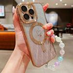 For iPhone 15 Pro Max Loves Leaves Gradient Glitter Bracelets Carbon Fiber Magsafe TPU Phone Case(Gold)