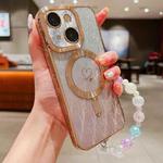 For iPhone 15 Plus Loves Leaves Gradient Glitter Bracelets Carbon Fiber Magsafe TPU Phone Case(Gold)