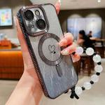 For iPhone 15 Loves Leaves Gradient Glitter Bracelets Carbon Fiber Magsafe TPU Phone Case(Black)